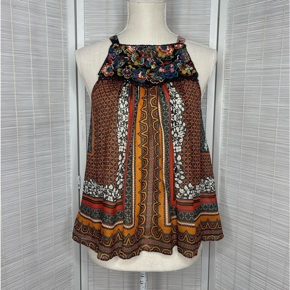 Anthropologie Tops - Bhanuni by Jyoti Tank Fiona Embroidered Floral Sequin Halter Tie Back Size XS